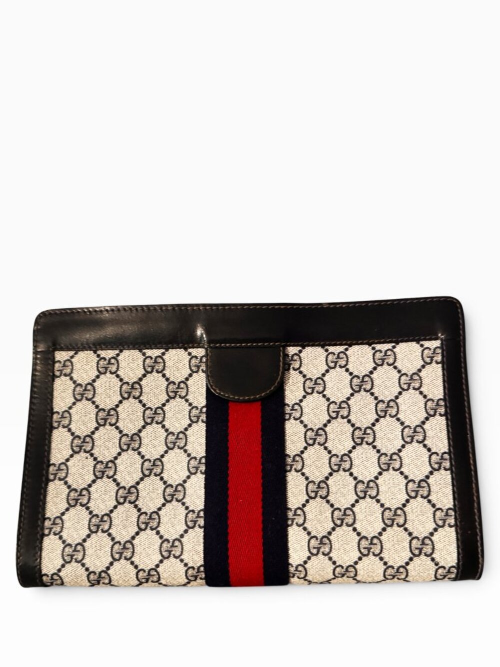 Gucci Authentic Vintage Sherry Line Web Navy Blue Clutch Bag